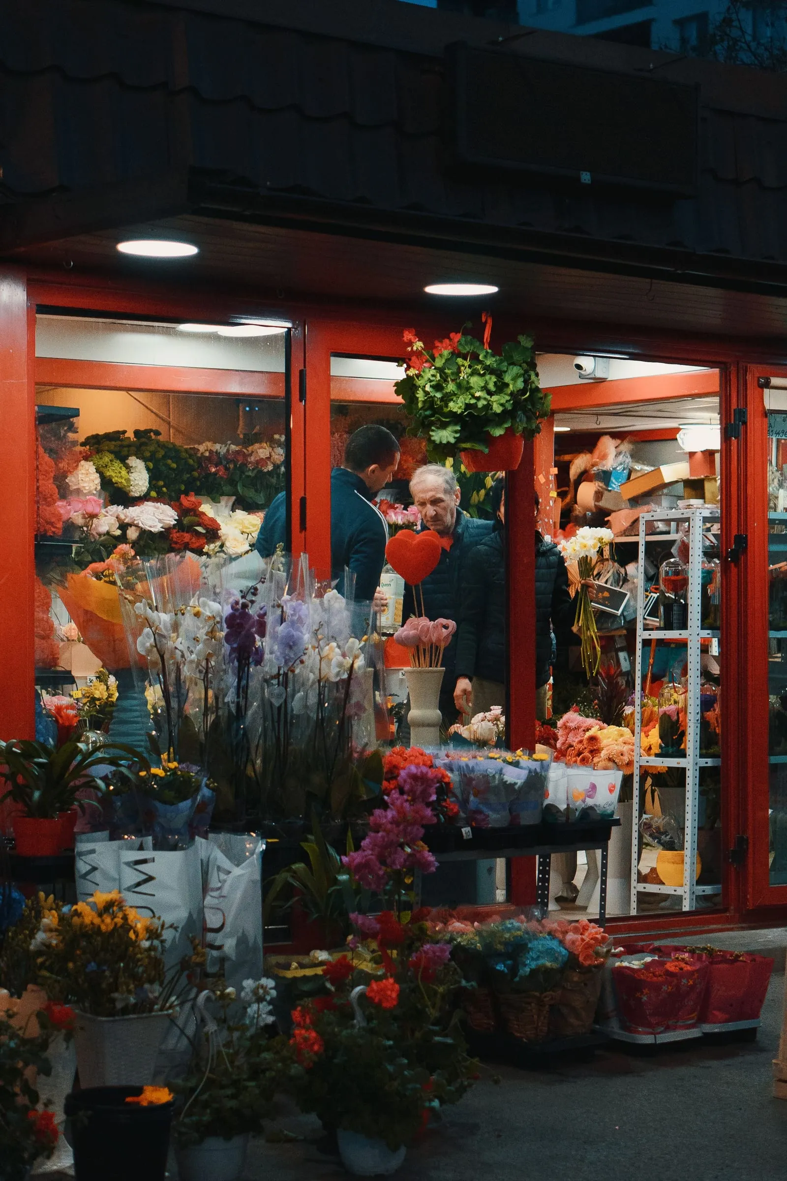 Vetrina illuminata di un negozio di fiori la sera